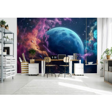 Eine Fototapete der Great Galaxy mit Sternen, Planeten und dem Universum im Weltraum und Kosmos in einem Gaming-Zimmer mit futuristischem Thema.