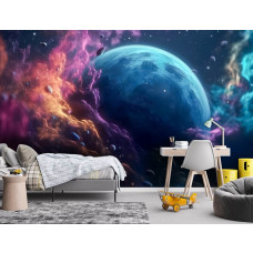 Eine Fototapete der Great Galaxy mit Sternen, Planeten und dem Universum im Weltraum und Kosmos in einem Jungenzimmer mit Sternbildern.