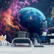 Eine Fototapete der Great Galaxy mit Sternen, Planeten und dem Universum im Weltraum und Kosmos in einem Kinderzimmer mit futuristischem Design.