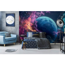 Eine Fototapete der Great Galaxy mit Sternen, Planeten und dem Universum im Weltraum und Kosmos in einem Teenagerzimmer mit kosmischem Flair.