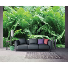 Eine Fototapete mit grünen Farnen in einer dschungelartigen Umgebung, ideal für einen frischen Look.