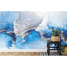 Eine Fototapete mit einem raffinierten grauen und blauen Marmormuster in einer Küche.