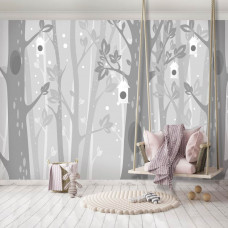 Fototapete mit grauen Bäumen in einem verschneiten Wald für Kinderzimmer und Mädchenzimmer.