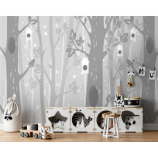 Fototapete mit grauen Bäumen in einem verschneiten Wald für Kinderzimmer.