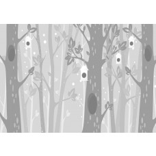 Fototapete mit grauen Bäumen in einer verschneiten Landschaft, winterlich und beruhigend.