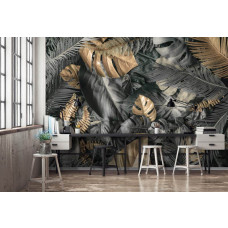 Eine Fototapete mit stilvollen grauen, silbernen und goldenen Blättern, ideal für ein botanisches Büro.