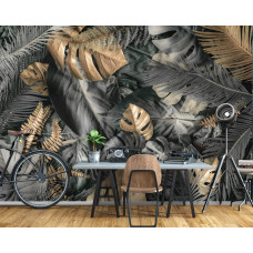 Eine botanische Fototapete mit einer raffinierten Mischung aus Grau, Silber und Gold, geeignet für das Wohnzimmer.