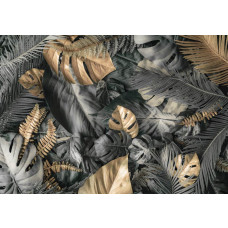 Fototapete mit grauen, silbernen und goldenen Blättern im botanischen Dschungel-Design.