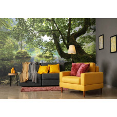 Eine Fototapete mit einer grünen Landschaft mit Bäumen und einem See in einem Wohnzimmer.