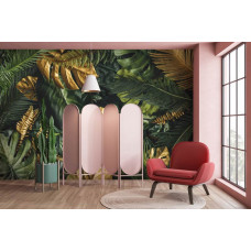 Eine Fototapete mit einer Mischung aus grünen Blättern und goldenen Tönen, perfekt für ein botanisches Ambiente im Geschäftsraum.