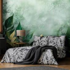 Fotobehang met zachte aquarelbladeren in een rustgevende en natuurlijk ingerichte slaapkamer.