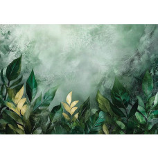 Fotobehang met groene bladeren in aquarelstijl op een lichte achtergrond met natuurlijke kleurovergangen.