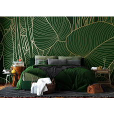 eine Fototapete mit grünen Blättern und goldenen Details im Schlafzimmer, wo üppige Blätter und warme Goldtöne ein beruhigendes Ambiente schaffen.