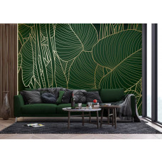 eine Fototapete mit grünen Blättern und goldenen Details in einem modernen Wohnzimmer, wo das botanische Muster einen lebendigen und schicken Look schafft.