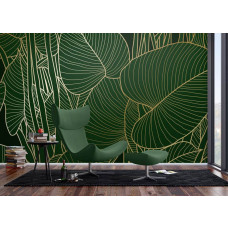 und eine Fototapete mit grünen Blättern und goldenen Details im Wohnzimmer, wo das botanische Design ein anspruchsvolles und natürliches Ambiente schafft.