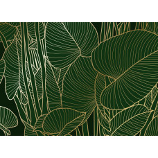 Eine Fototapete mit grünen Blättern und goldenen Details, die tiefe Grüntöne mit subtilen goldenen Akzenten für einen luxuriösen Look kombiniert.