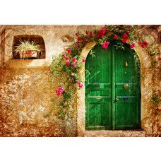 Fotobehang met een groene deur in Toscane, omgeven door een Provençaalse sfeer