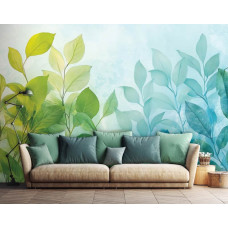Fotobehang met frisse groene en blauwe bladeren in een moderne woonkamer.