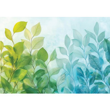 Fotobehang met groene en blauwe bladeren in een zachte kleurovergang.
