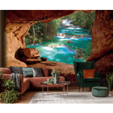 Eine Fototapete einer Höhle mit Blick auf Wasserfälle im Wohnzimmer.