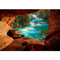 Höhle mit Blick auf Wasserfälle im Dschungel, 3D-Fototapete für einen abenteuerlichen und exotischen Look.