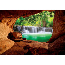 Höhle mit Wasserfall, Fototapete mit einem realistischen 3D-Effekt der Natur für einen ruhigen Raum.