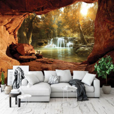 Fototapete mit einem Wasserfall, der von einer Höhle im Wohnzimmer aus sichtbar ist.