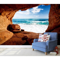 Eine Fototapete von einer Höhle mit Blick auf das Meer mit einem abstrakten und künstlerischen 3D-Effekt.