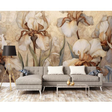 Eine Fototapete mit großen beigen Blumen und Iris im Kunststil im Wohnzimmer.