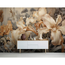 Eine Fototapete mit großen beigen Irisblumen im Kunststil in der Küche.