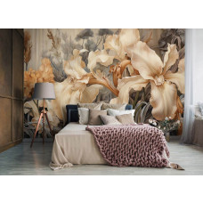 Eine Fototapete mit großen beigen Irisblumen im Kunststil im Schlafzimmer.