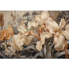Diese Fototapete zeigt große, detaillierte beige Irisblumen in einem eleganten Kunststil.