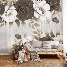 Eine Fototapete mit großen Blumen auf einer Betonwand, ideal für ein Wohnzimmer.