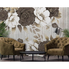 Eine Fototapete mit großen Blumen auf einer Betonwand, geeignet für ein Büro.