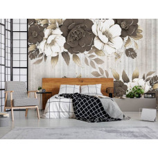 Eine Fototapete mit großen Blumen auf Beton, perfekt für ein Schlafzimmer.