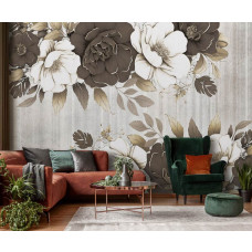 Eine Fototapete mit großen Blumen auf Beton, geeignet für ein Wohnzimmer.