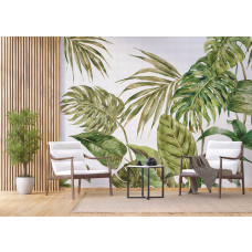 Ein Fototapete mit großen grünen Blättern in einem Geschäftsraum, ideal für eine natürliche und inspirierende Arbeitsumgebung mit exotischem Flair.
