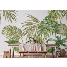 Ein Fototapete mit großen grünen Blättern in der Küche, bei dem die tropischen Blätter und natürlichen Töne eine frische und botanische Atmosphäre schaffen.