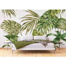 Ein Fototapete mit großen grünen Blättern im Schlafzimmer, mit üppigen Pflanzenmotiven, die eine entspannende und tropische Atmosphäre schaffen.