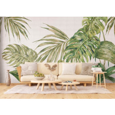 Ein Fototapete mit großen grünen Blättern in einem stimmungsvollen Wohnzimmer, bei dem die grünen Farben und detaillierten Blattstrukturen eine beruhigende Ausstrahlung verleihen.