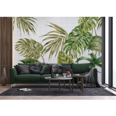 Ein Fototapete mit großen grünen Blättern in einem modernen Wohnzimmer, bei dem die tiefen Grüntöne und verspielten Blattformen den Raum zum Leben erwecken.