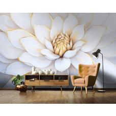 Ein Geschäftsraum mit einer Fototapete mit einer großen weißen Blume und luxuriösen Golddetails.