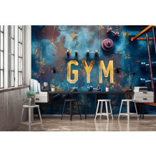 Eine Fototapete mit einem Fitnessstudio mit Fitnessgeräten und Fitnesselementen, geeignet für ein Büro.