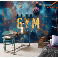 Eine Fototapete mit einem Fitnessstudio und Fitnessgeräten, ideal für ein Jugendzimmer oder Schlafzimmer.