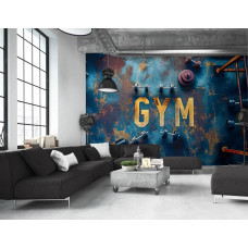 Eine Fototapete mit einem Fitnessstudio und Fitnessgeräten, geeignet für ein Wohnzimmer.