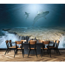 Eine Fototapete mit Haien und einem Wasserfall in einer Meereslandschaft, passend für eine moderne Küche.