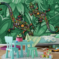 Eine Fototapete mit Eidechsen in einem abstrakten Design für das Spielzimmer.