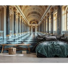 Fototapete eines luxuriösen goldenen Saals in einem ruhigen Schlafzimmer.