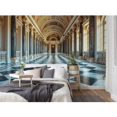 Fototapete eines luxuriösen goldenen Saals im Vliestapetenstil für ein Schlafzimmer.