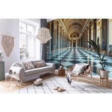 Fototapete eines luxuriösen goldenen Saals in einem stattlichen Wohnzimmer.